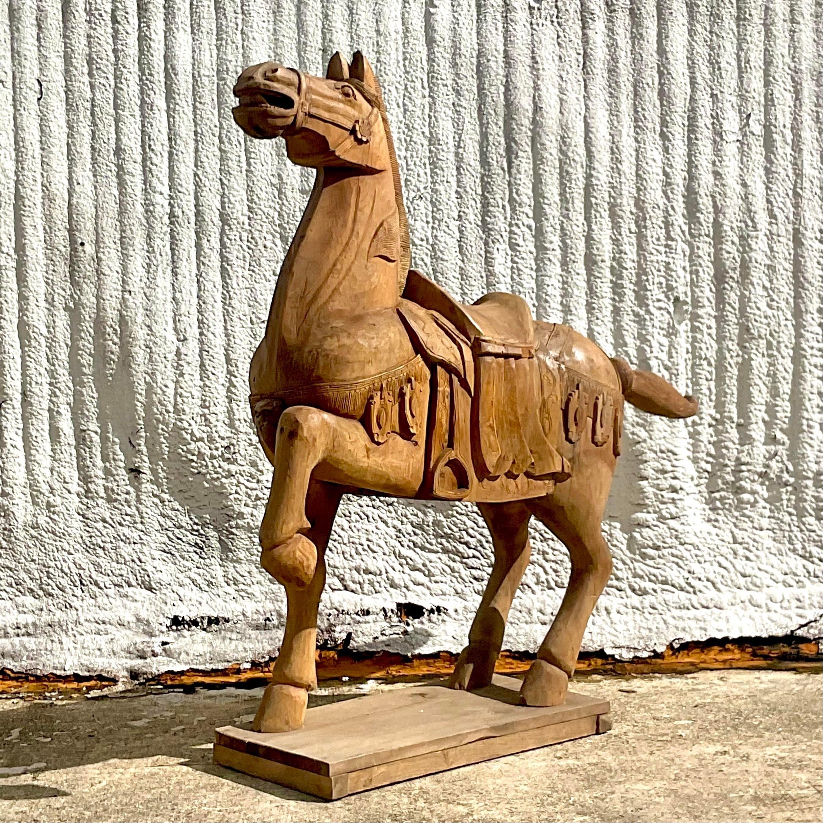 20th Century Vintage Carousel Boho Carved Wooden Horse For Sale