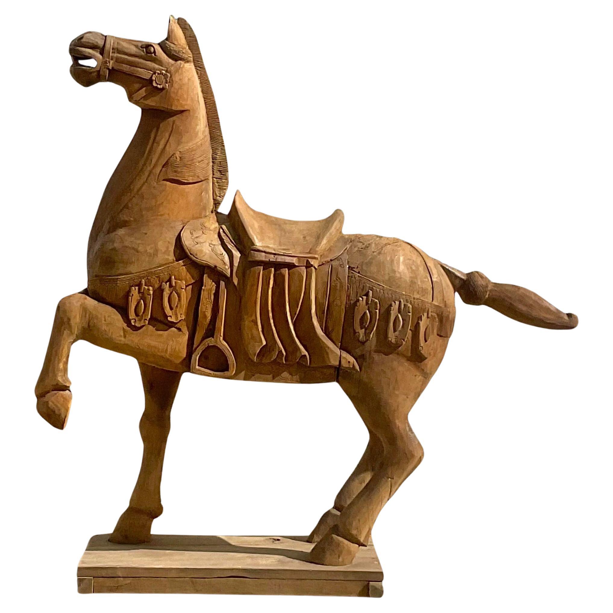 Vintage Carousel Boho Carved Wooden Horse For Sale