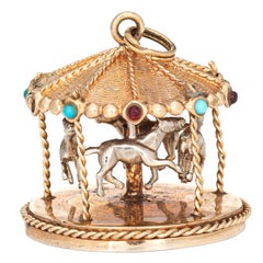 Retro Carousel Charm 14k Gold Merry Go Round Ride Pendant Mechanical Moves