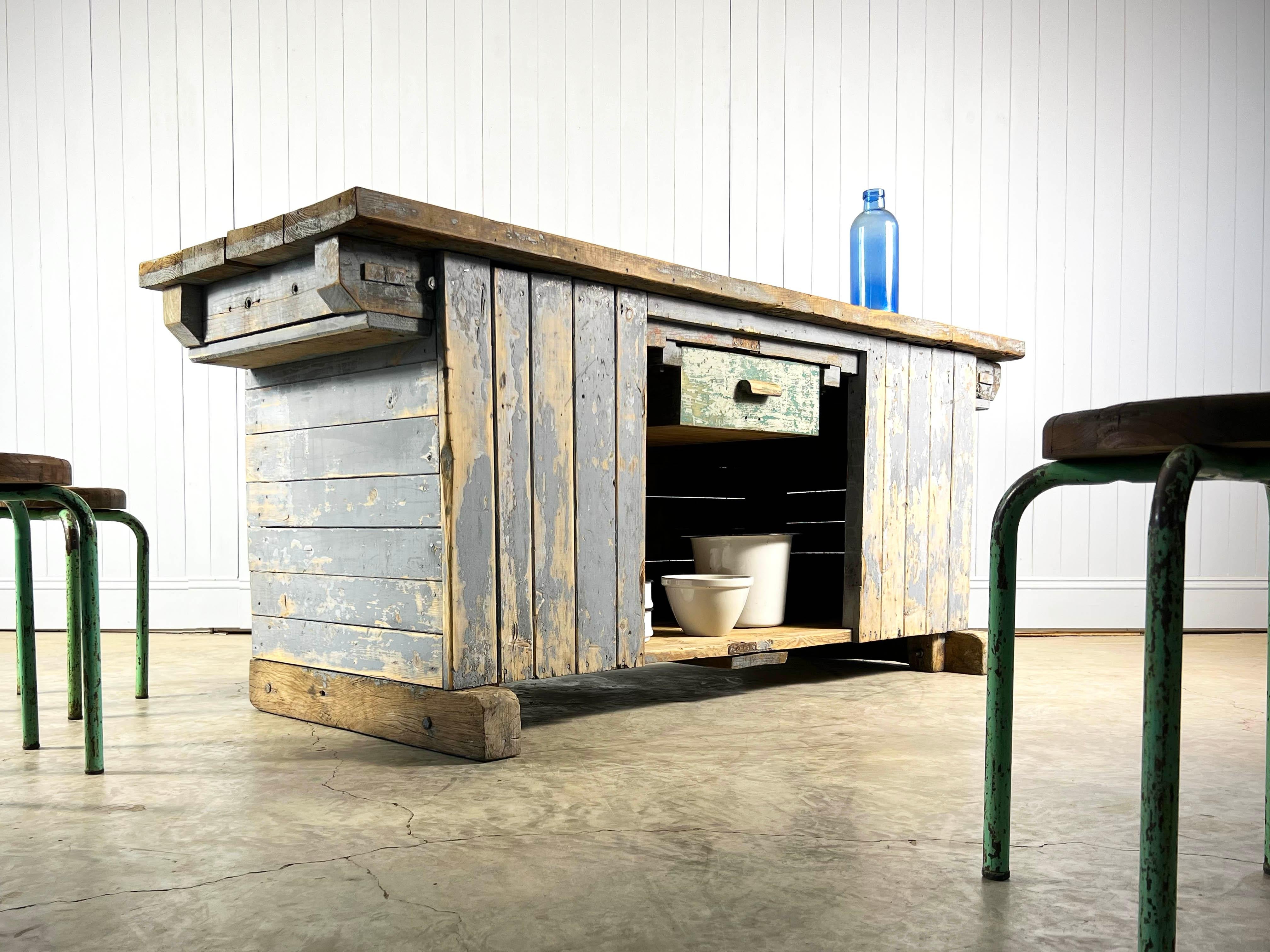 We love the colour of this 1930's factory workbench which was sourced in the Czech Republic.

This has been given a good scrub inside and out so it is cleaned but still retains its original colour and patina.  Structurally good and sturdy.

The top