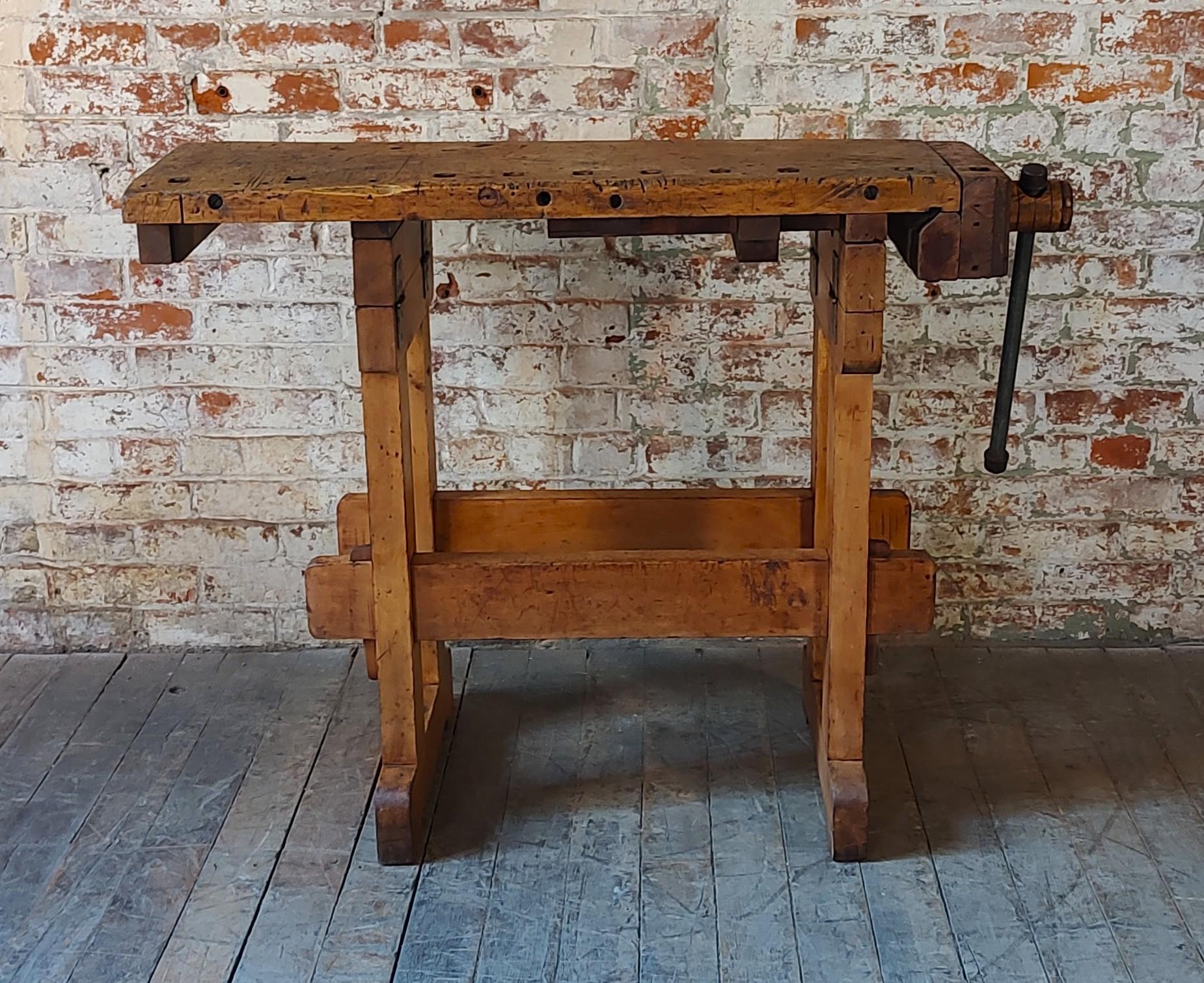 American Vintage Carpenter's Workbench / Table with Vise For Sale