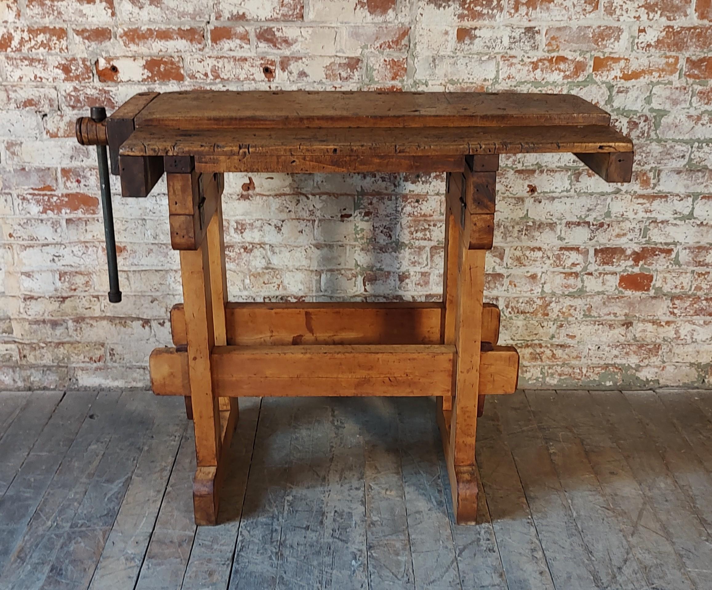 Metal Vintage Carpenter's Workbench / Table with Vise For Sale