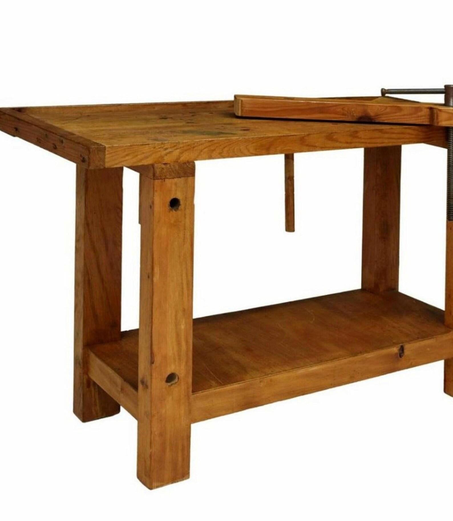 Vintage Carpentry Woodworking Pine Workbench Table In Good Condition For Sale In Forney, TX