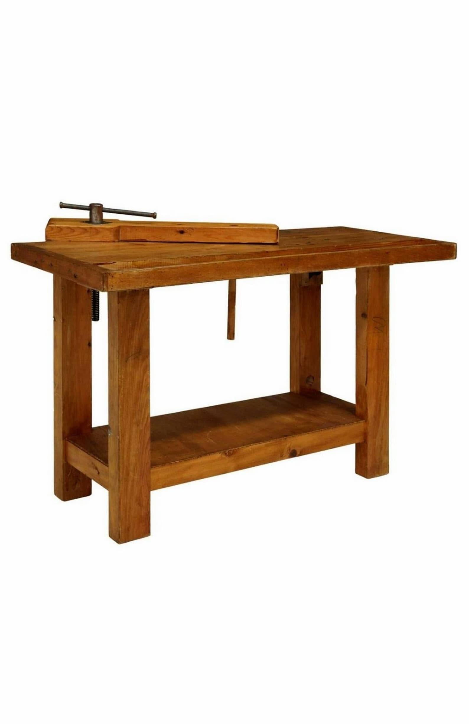 20th Century Vintage Carpentry Woodworking Pine Workbench Table For Sale