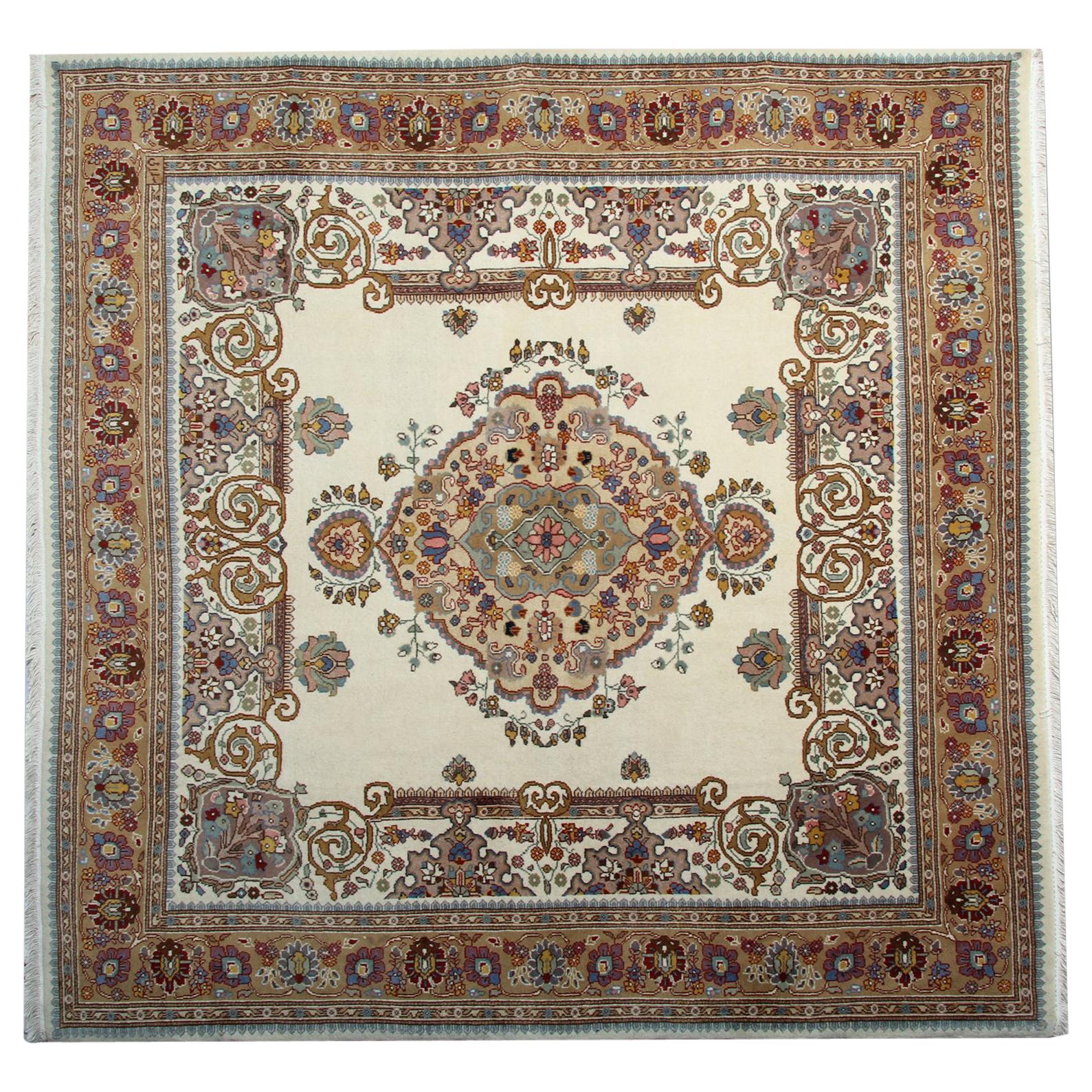 Oriental Square Rug, Handmade Traditional Carpet, Arabesque Ivory Rugs For Sale