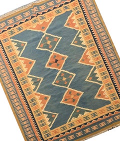 Vintage Carpet Caucasian Kilim Rug Handwoven Blue Orange Wool Flat-Woven
