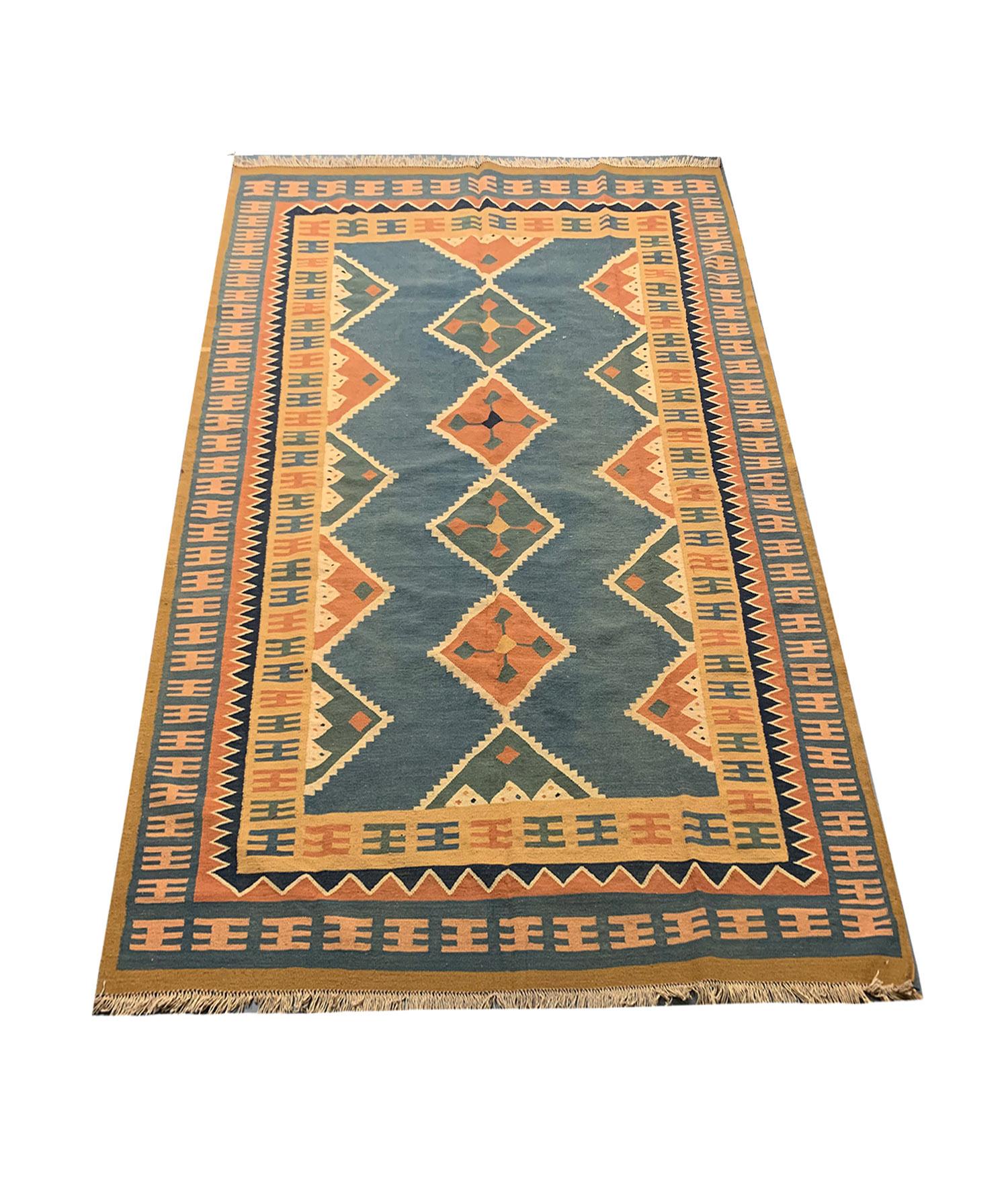 Alfombra Vintage Caucásica Alfombra Kilim Tejida a Mano Lana Azul Naranja Tejido Plano Moderno de mediados de siglo en venta