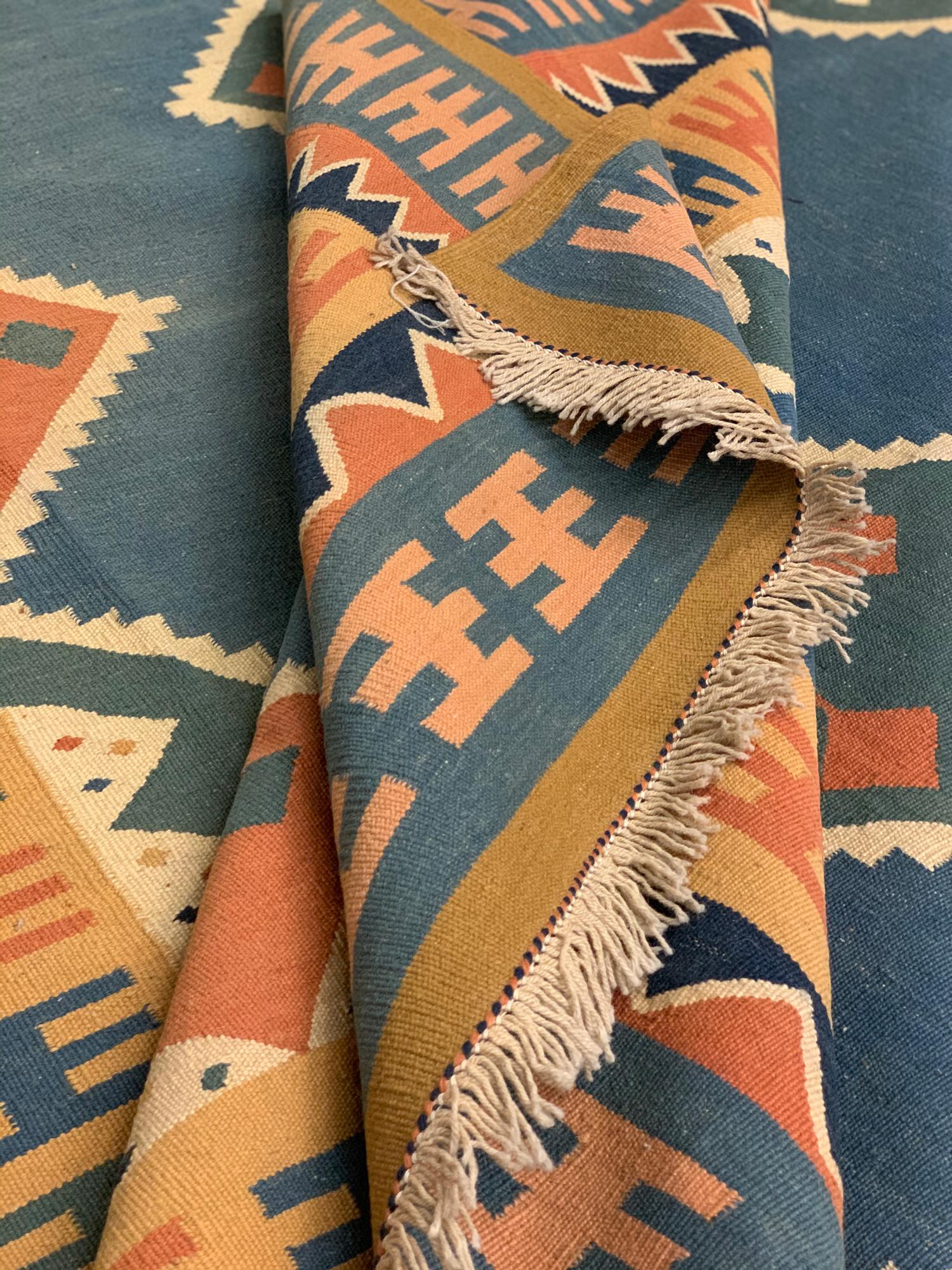 Afghan Vintage Carpet Caucasian Kilim Rug Handwoven Blue Orange Wool Flat-Woven For Sale