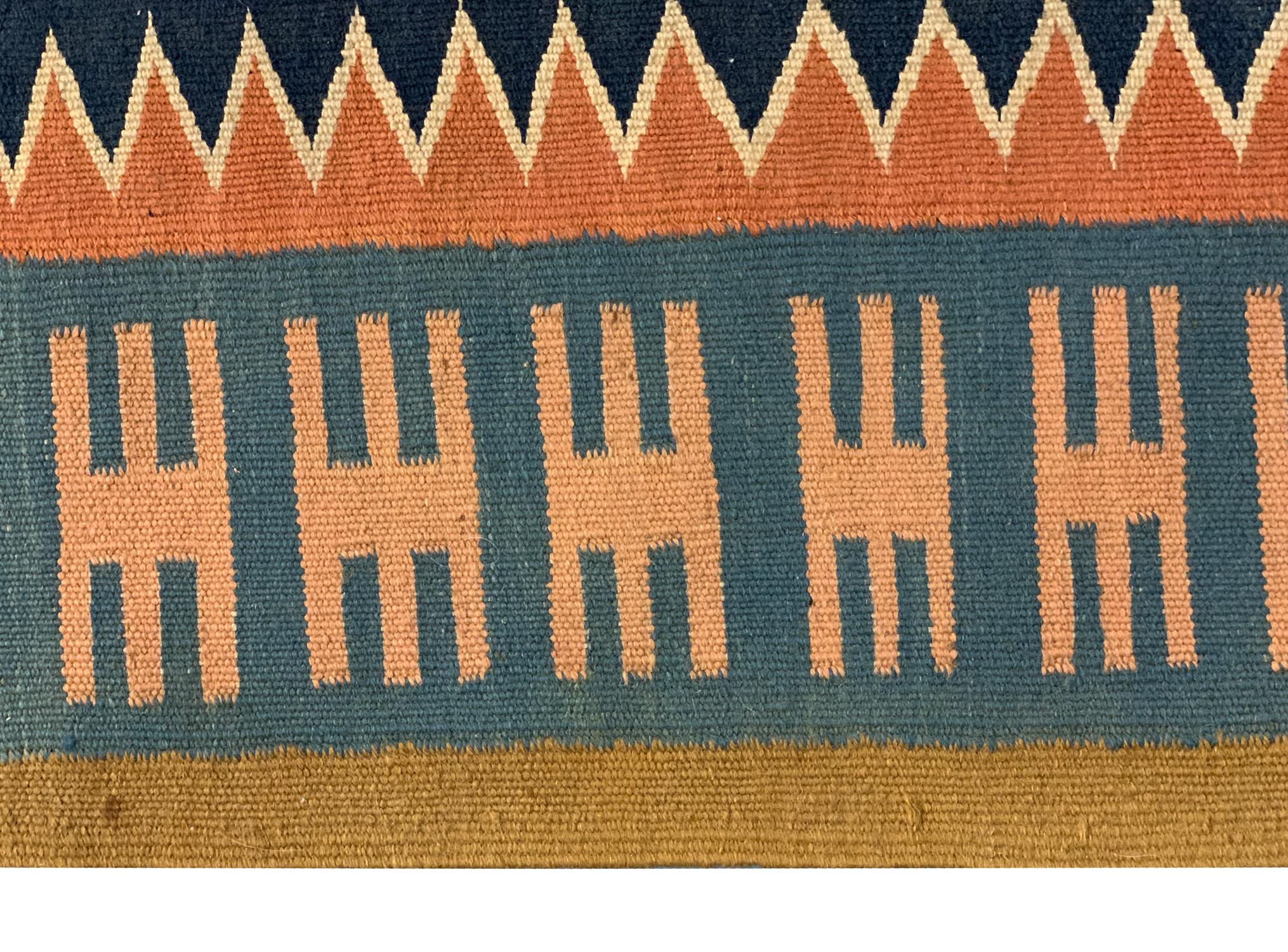 Hand-Knotted Vintage Carpet Caucasian Kilim Rug Handwoven Blue Orange Wool Flat-Woven For Sale