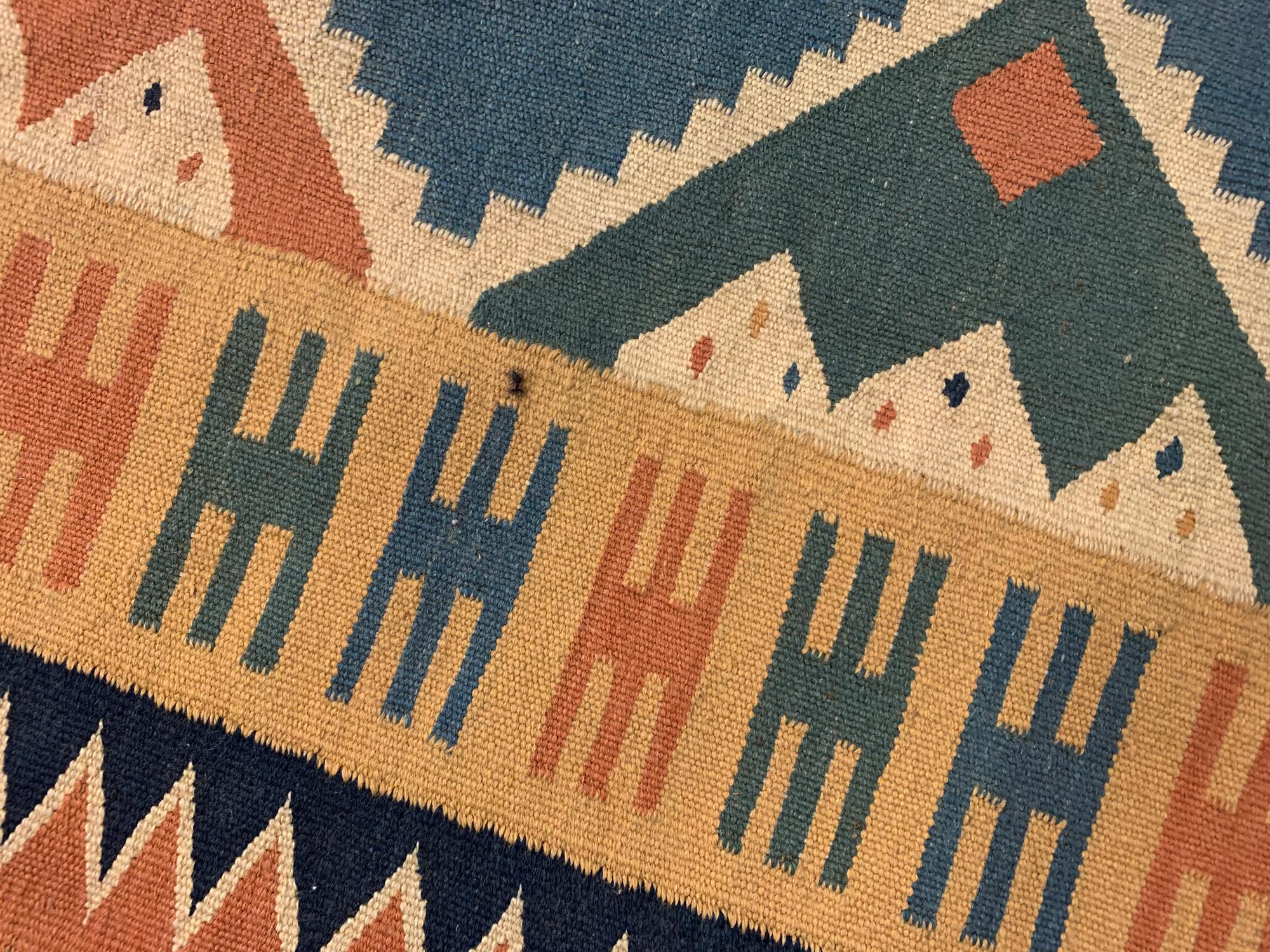 Vintage Carpet Caucasian Kilim Rug Handwoven Blue Orange Wool Flat-Woven In Excellent Condition For Sale In Hampshire, GB