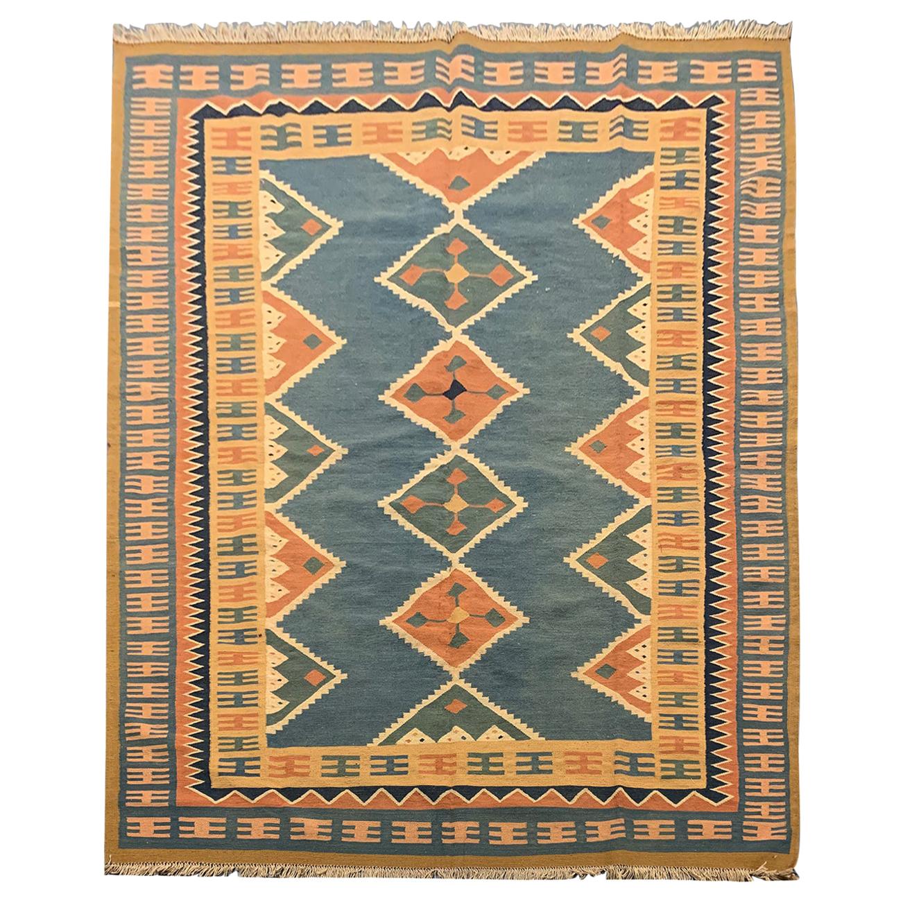 Vintage Carpet Caucasian Kilim Rug Handwoven Blue Orange Wool Flat-Woven For Sale