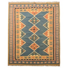 Vintage Carpet Caucasian Kilim Rug Handwoven Blue Orange Wool Flat-Woven