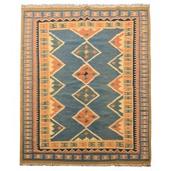 Tappeto vintage caucasico Rug & Kilim tessuto a mano in lana blu arancione a tessitura piatta