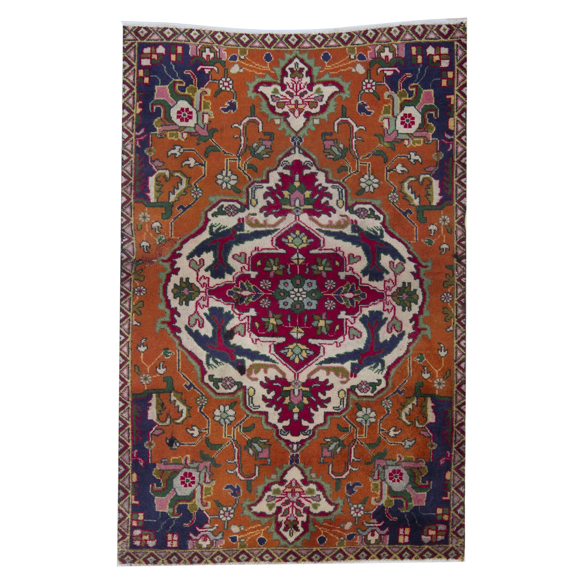 Vintage Carpet Handmade Turkish Rug, Oriental Wool Orange