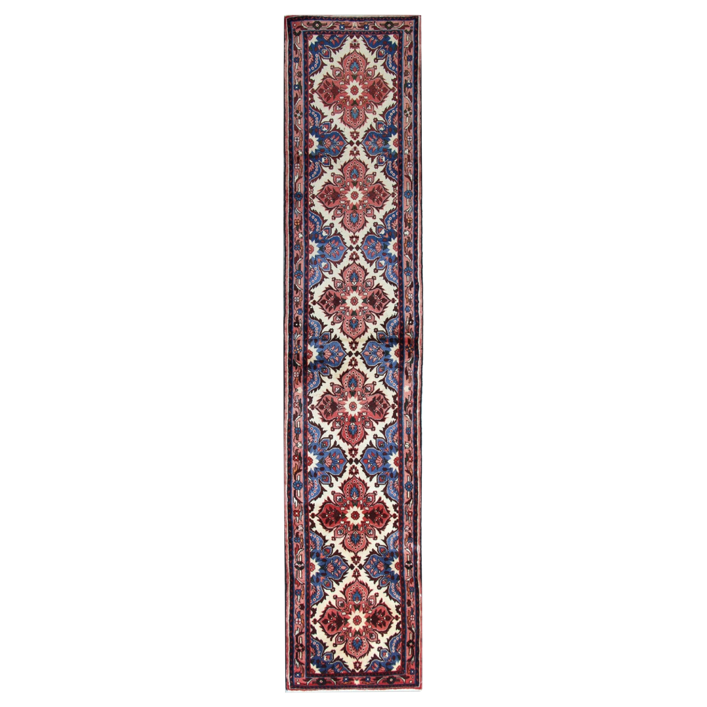 Vintage-Teppich-Läufer, blauer geometrischer Medaillon, traditioneller Läufer mit Medaillon im Angebot