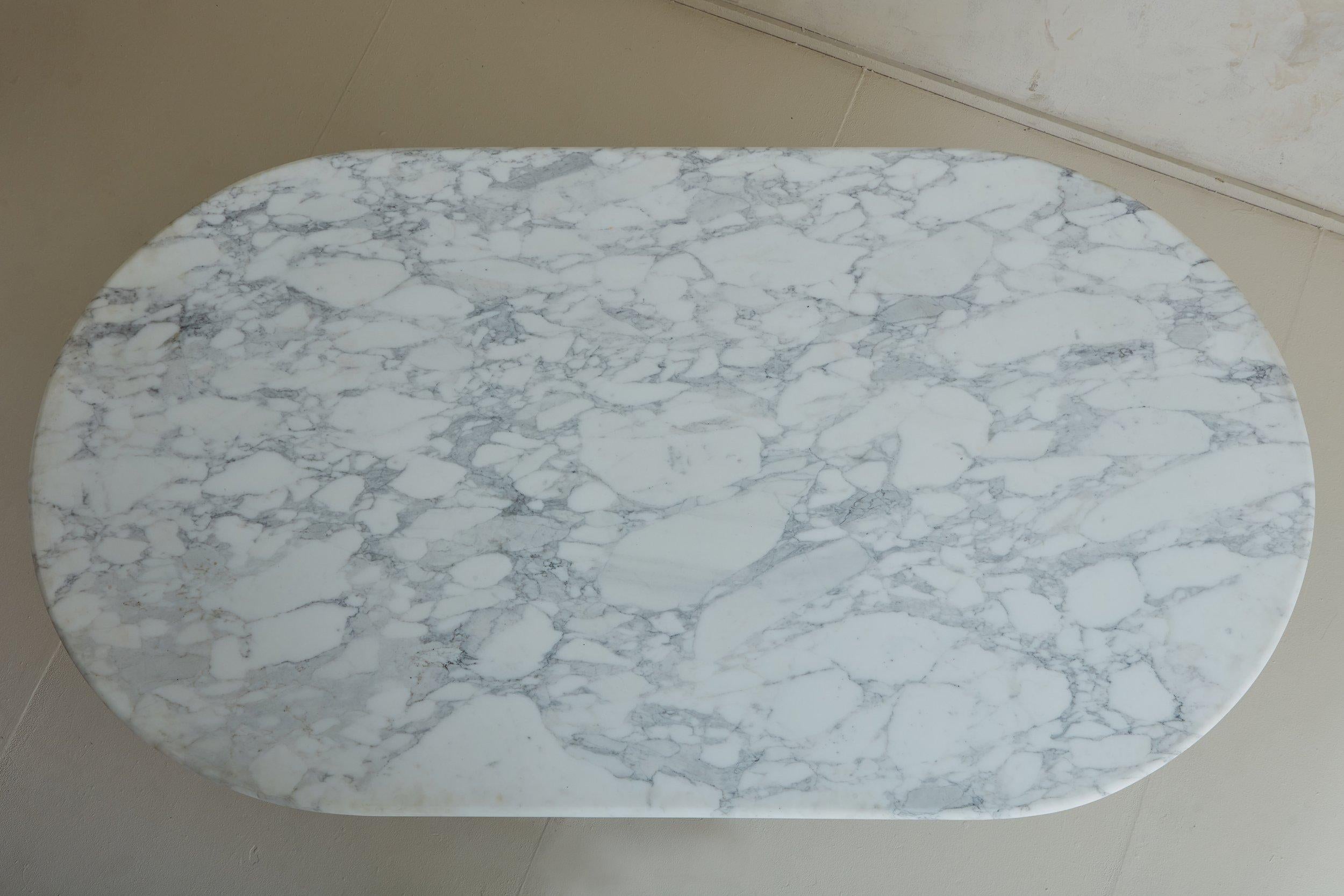 Vintage Carrara Marble Table with Industrial Metal Base on Castors, Italy In Good Condition For Sale In Chicago, IL