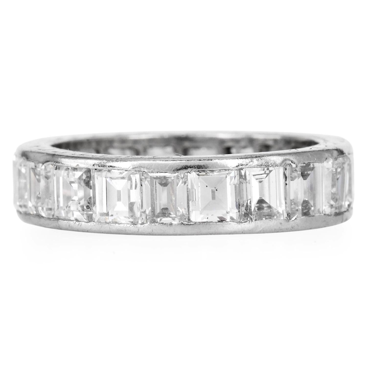 Women's Vintage Carre-Cut Diamond 4.00ct Platinum Eternity Band Ring For Sale