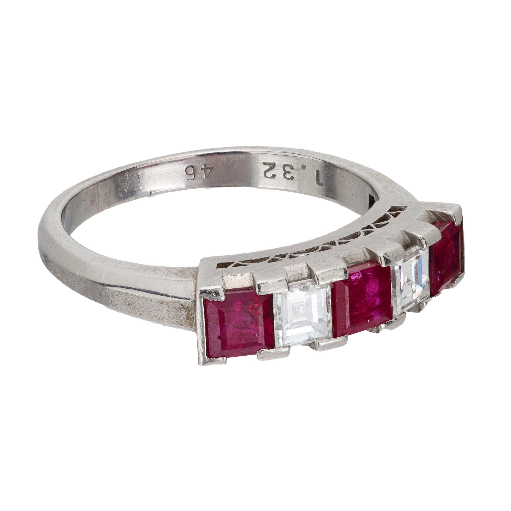 Modern Vintage Carré cut ruby and diamond platinum five stone ring For Sale