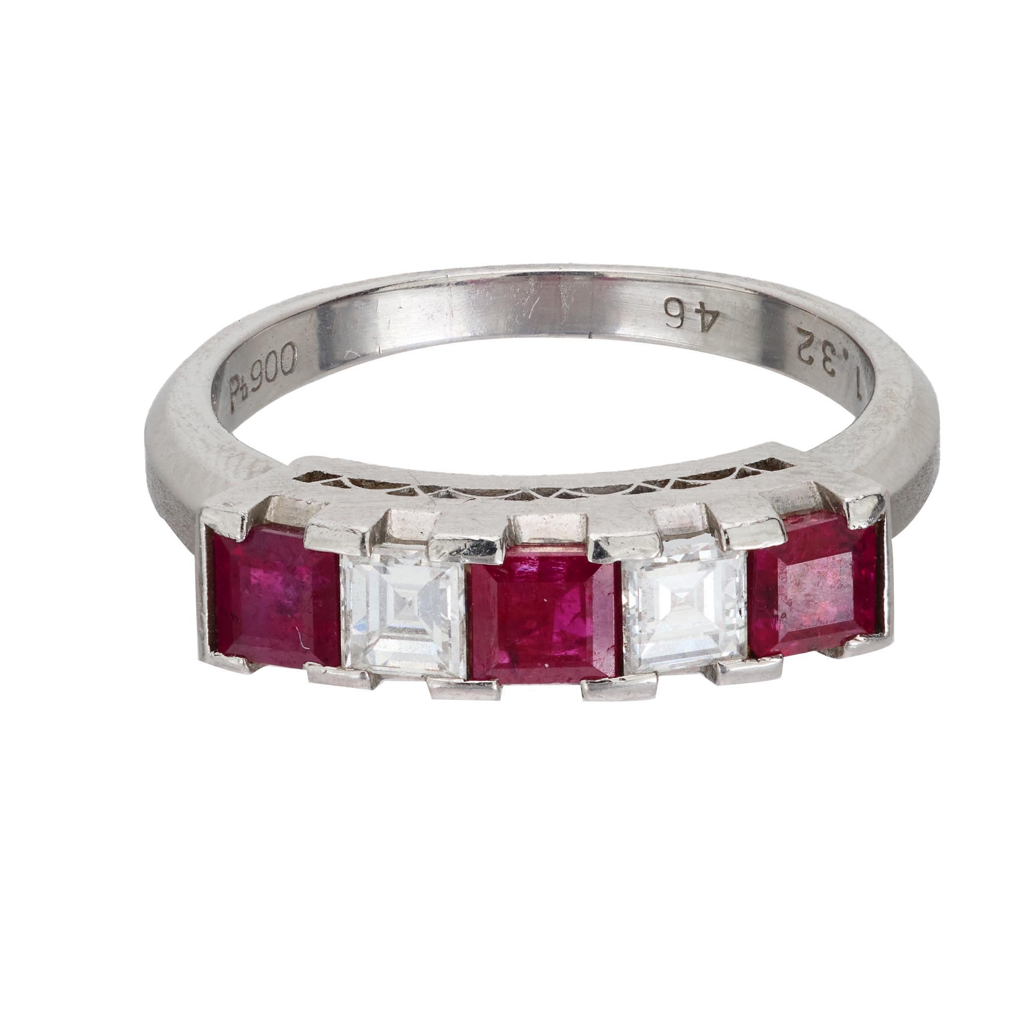 Uncut Vintage Carré cut ruby and diamond platinum five stone ring For Sale