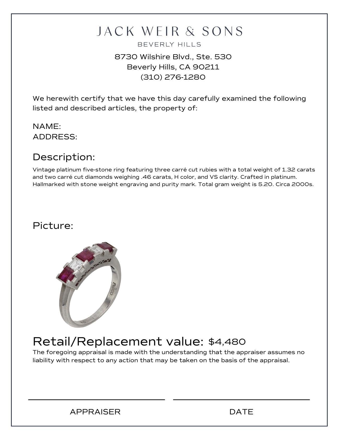 Vintage Carré cut ruby and diamond platinum five stone ring In Excellent Condition For Sale In Beverly Hills, CA