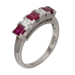 Vintage Carré cut ruby and diamond platinum five stone ring