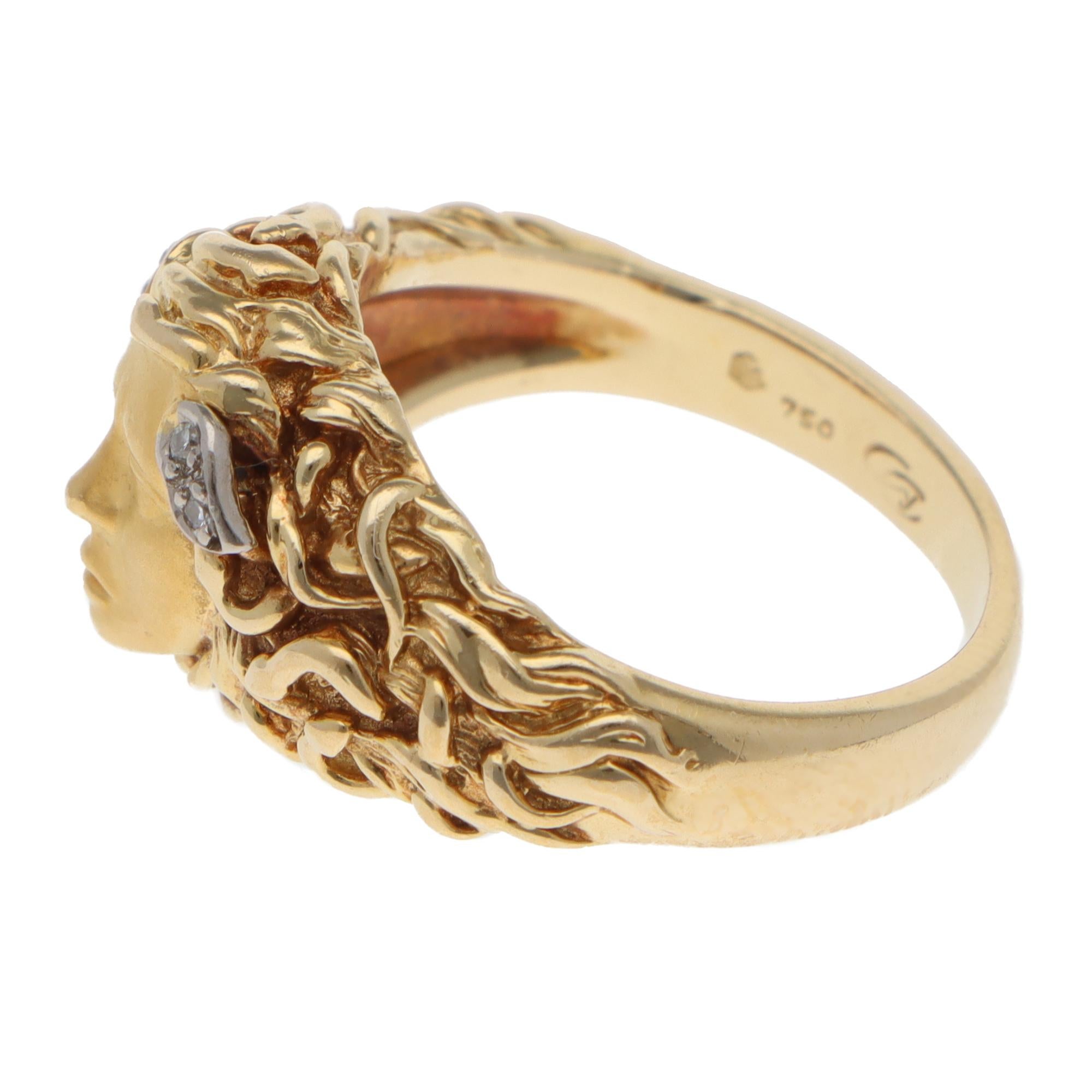 Vintage Carrera y Carrera Medusa Diamantring aus Gelbgold mit Diamanten im Zustand „Gut“ im Angebot in London, GB