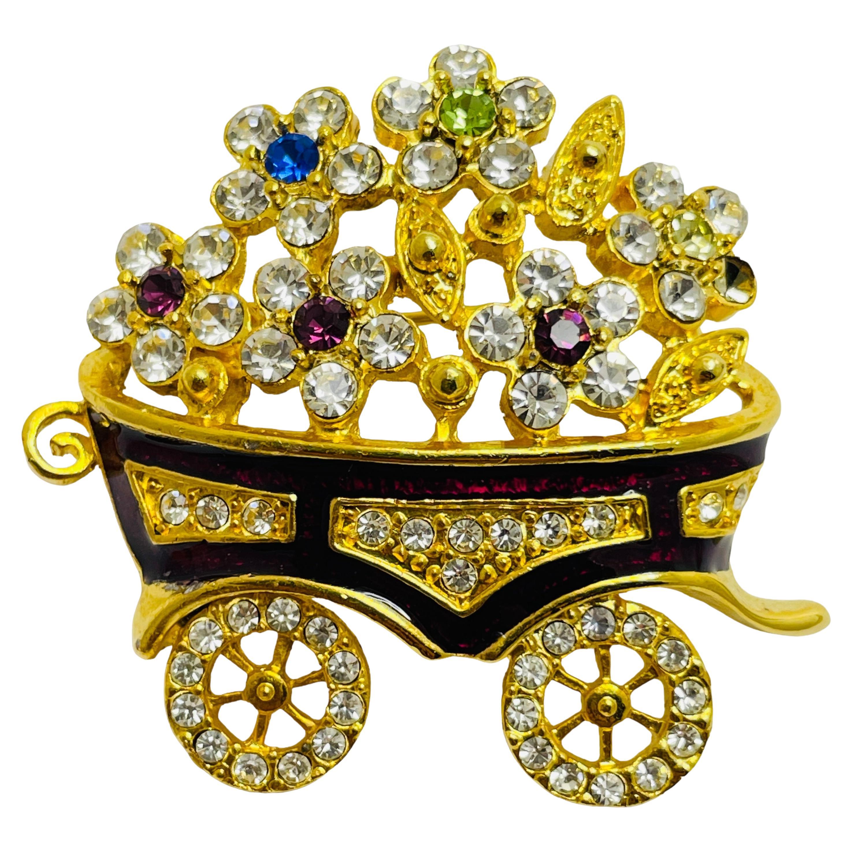 Vintage carriage flowers gold enamel rhinestone designer brooch