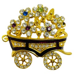Vintage carriage flowers gold enamel rhinestone designer brooch