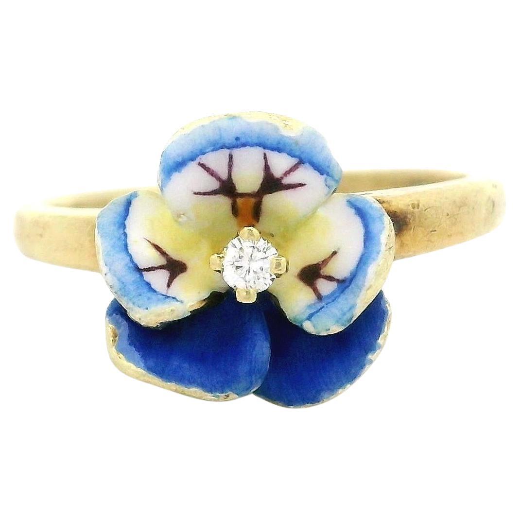 Vintage Carter Gough & Co. 14k or jaune émail Pansy Diamond Band Ring