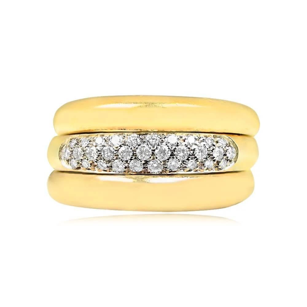 Stunning Cartier triple ring featuring 18k gold bands in yellow rose, and white tones. The central white gold band is adorned with three rows of round brilliant-cut diamonds, totaling around 0.54 carats.

Ring Size: 7 US, Resizable
Signed: