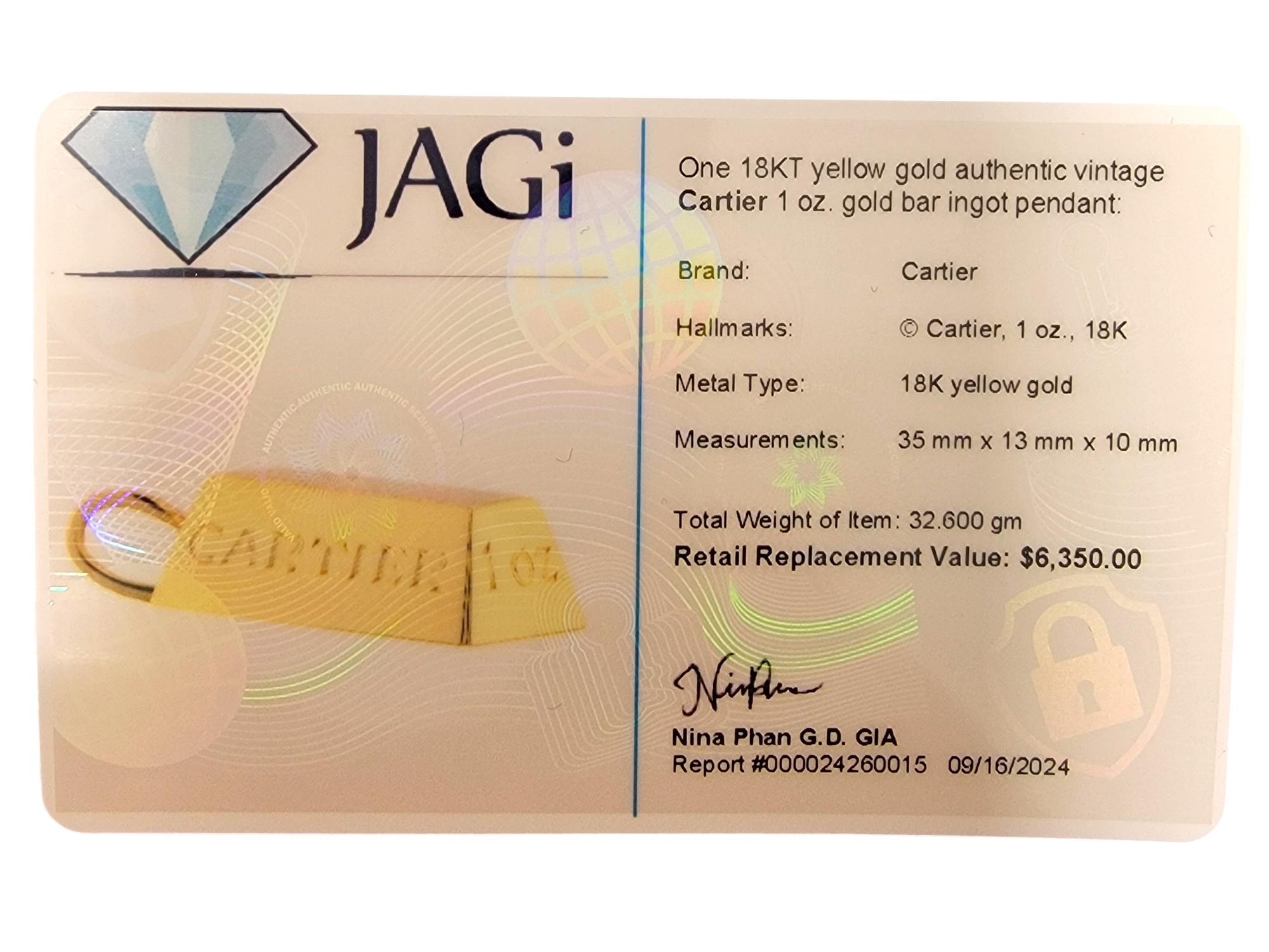 Vintage Cartier 1 Ounce Gold Bar Ingot Pendant in Polished 18 Karat Yellow Gold 3