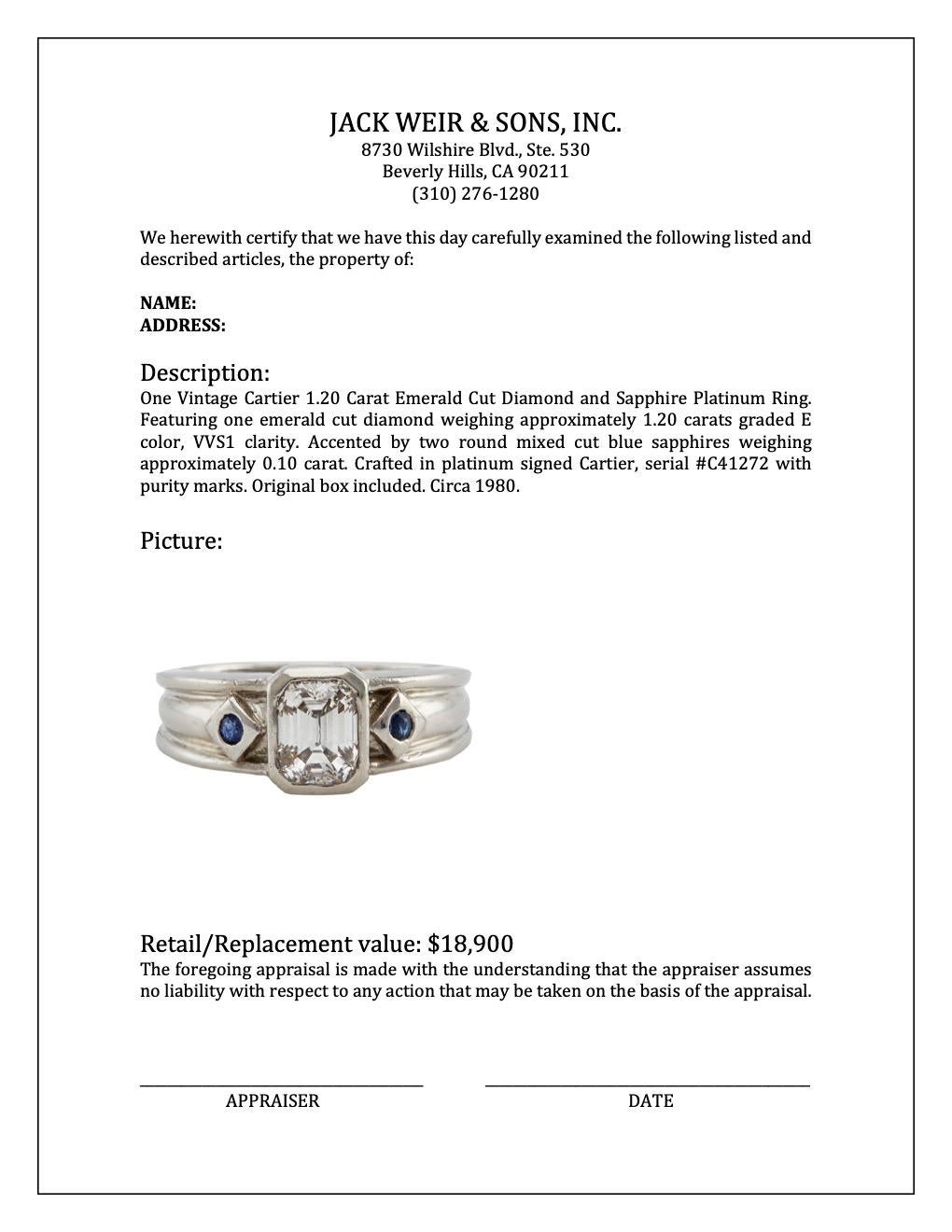 Platinring mit 1,20 Karat Diamant im Smaragdschliff und Saphir im Smaragdschliff von Cartier 2
