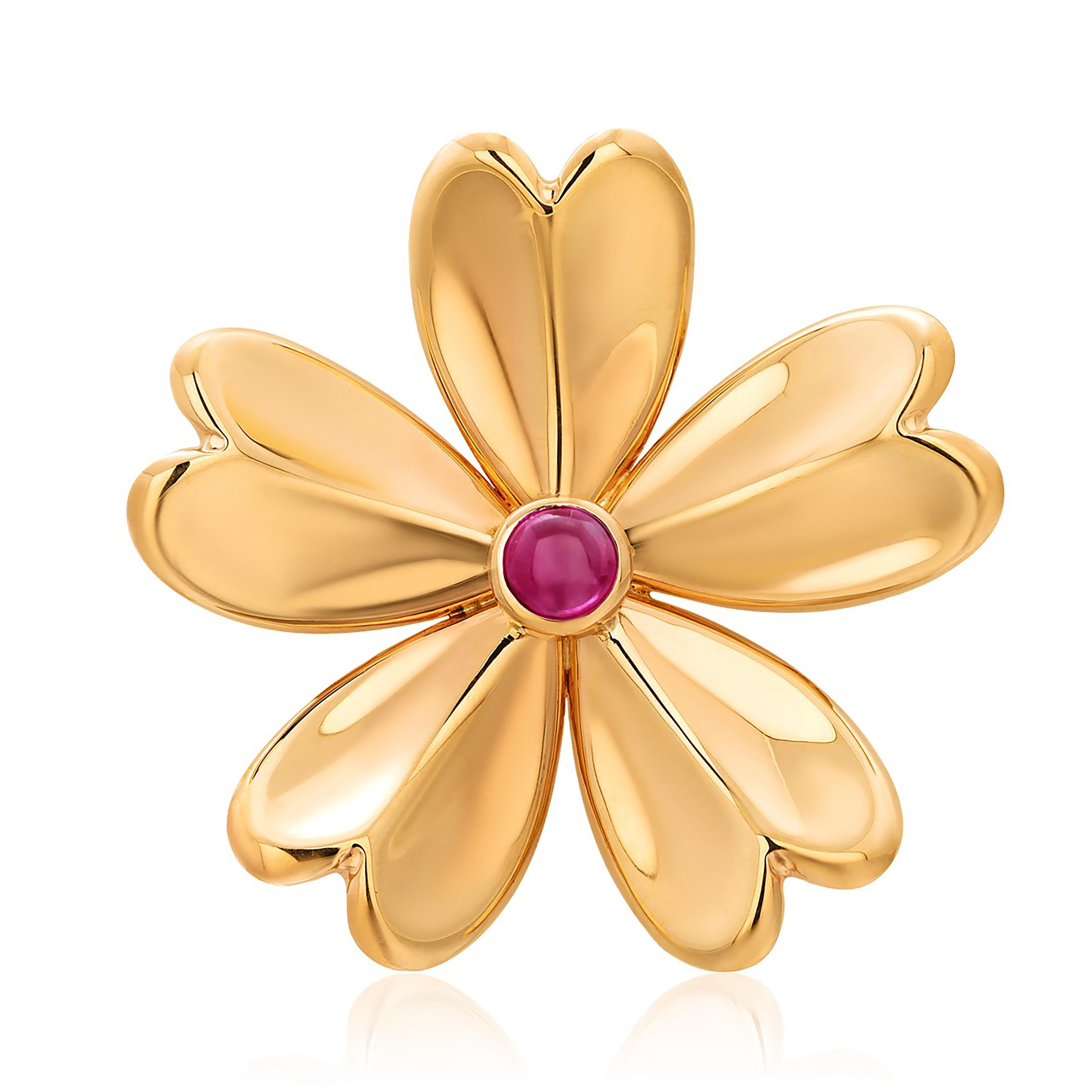 Vintage Cartier Spilla a fiore in oro 14K Cabochon Rubino di Birmania Capolavoro senza tempo in vendita 3