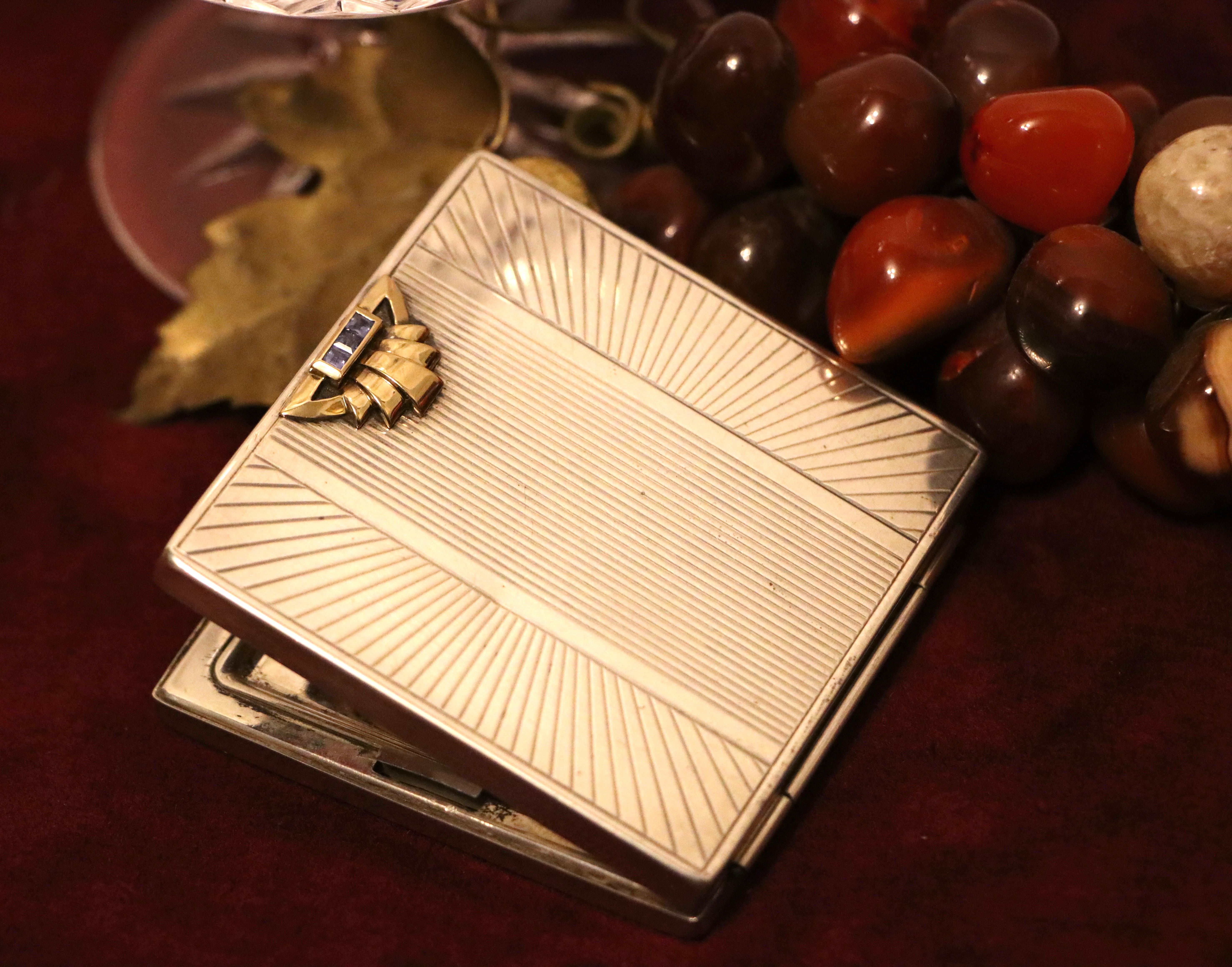 Baguette Cut Vintage Cartier 14K Gold & Sterling Sapphire Compact Case