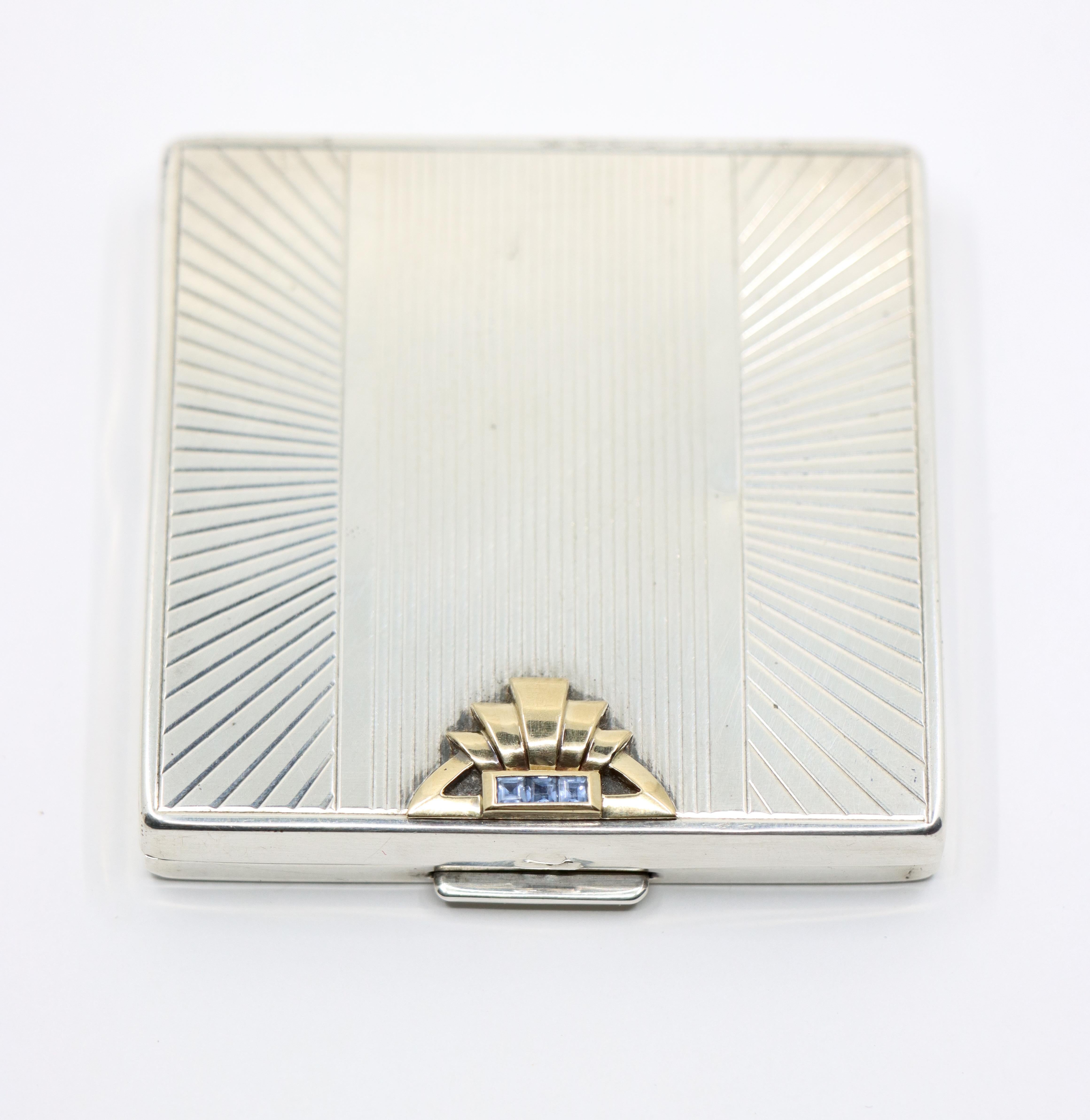 Vintage Cartier 14K Gold & Sterling Sapphire Compact Case In Good Condition In Flushing, NY