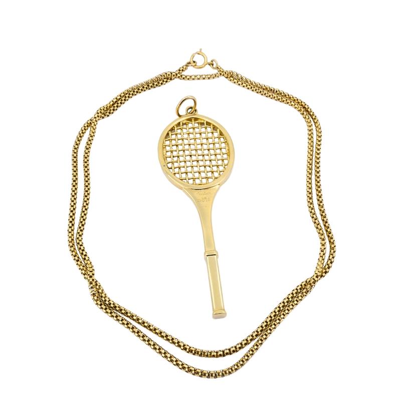 Collar vintage Cartier de oro de 14 quilates con raqueta de tenis y cadena de 14 quilates (sin firmar) en venta 3