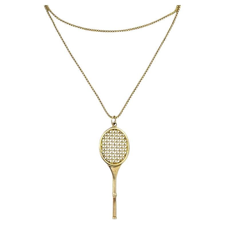 Collar vintage Cartier de oro de 14 quilates con raqueta de tenis y cadena de 14 quilates (sin firmar) en venta