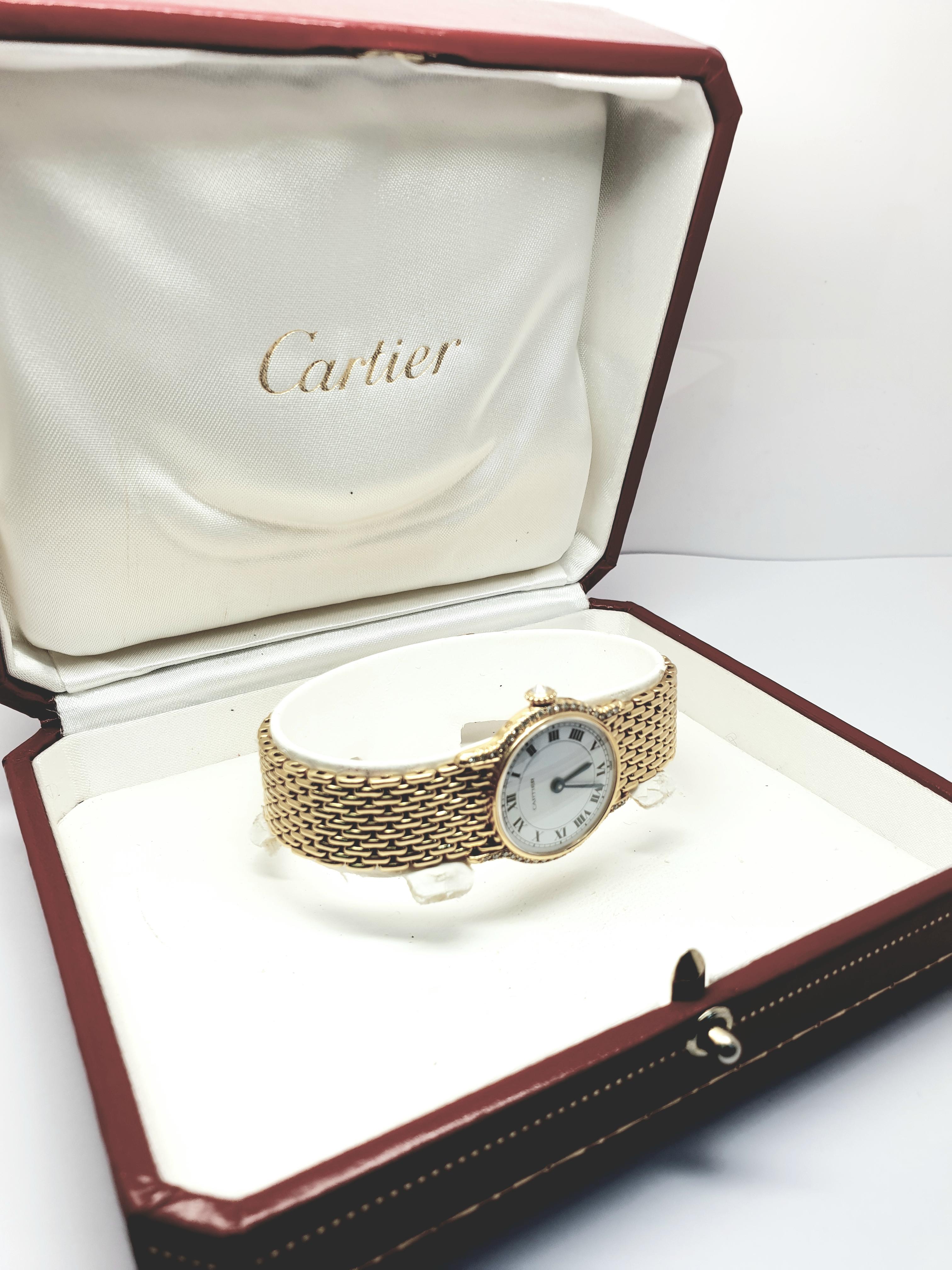 Round Cut Vintage Cartier 18 Carat Yellow Gold Diamond Bracelet Watch
