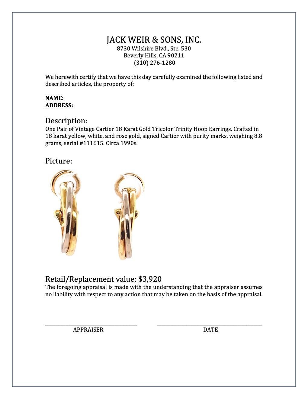 Women's or Men's Vintage Cartier 18 Karat Gold Tricolor Trinity Hoop Earrings