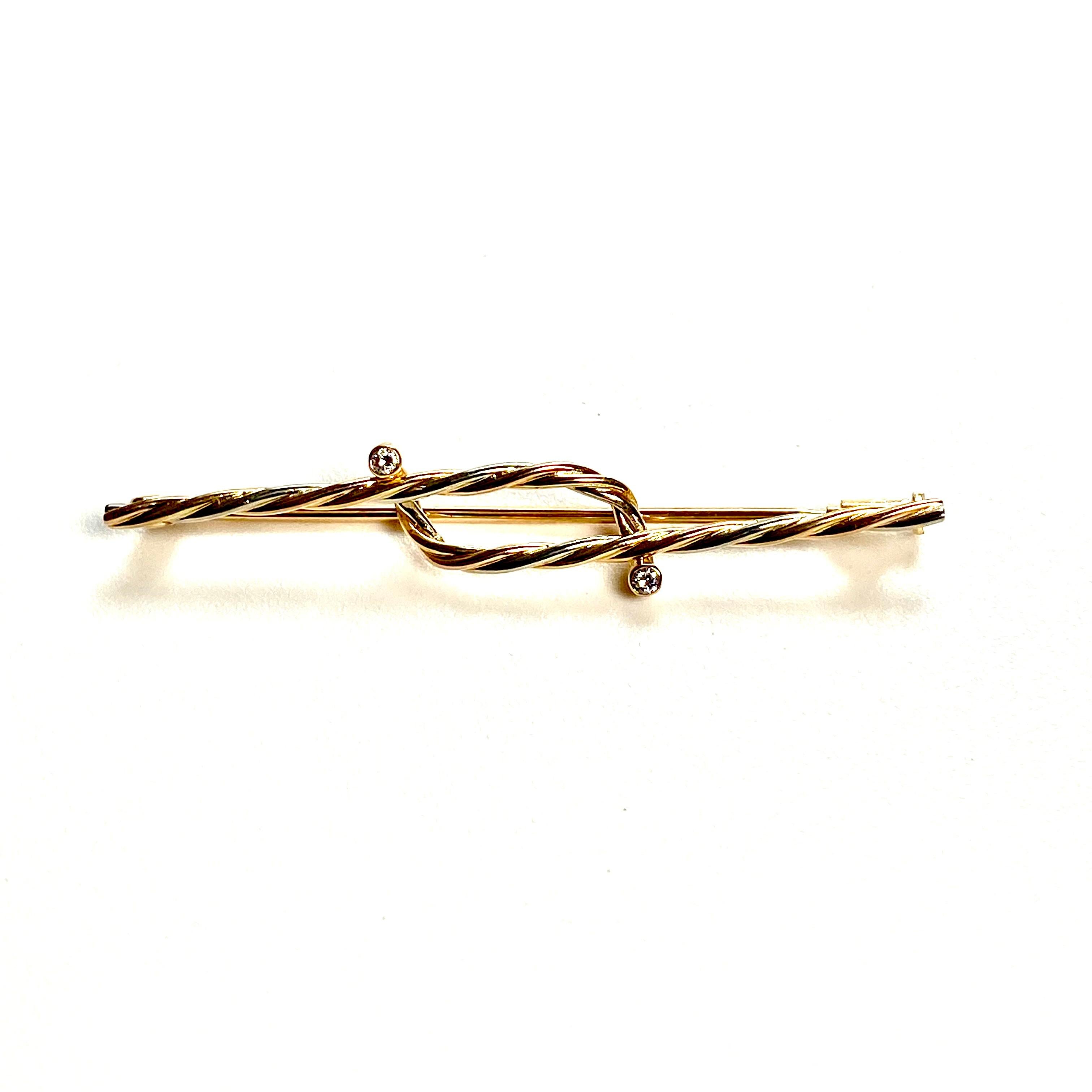 Modernist Cartier 18 Karat Gold Tritone Rope Twist Diamond Vintage 2 Inch Brooch #145124 For Sale