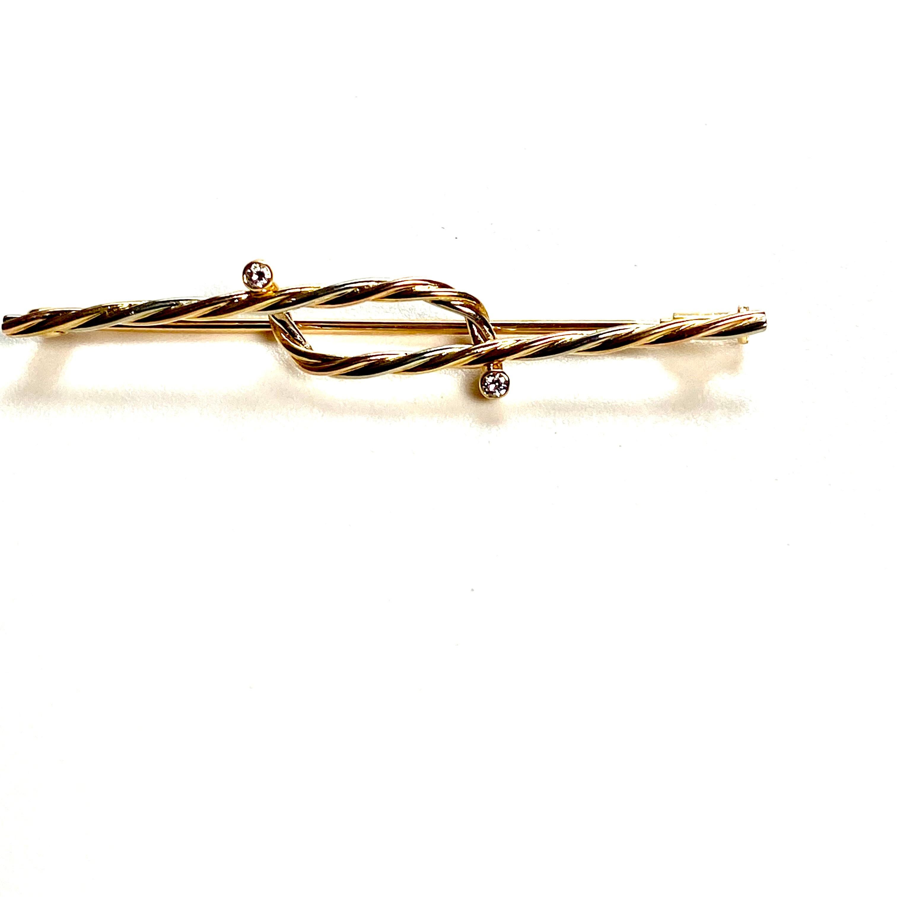 Cartier 18 Karat Gold Tritone Rope Twist Diamond Vintage 2 Inch Brooch #145124 For Sale 1