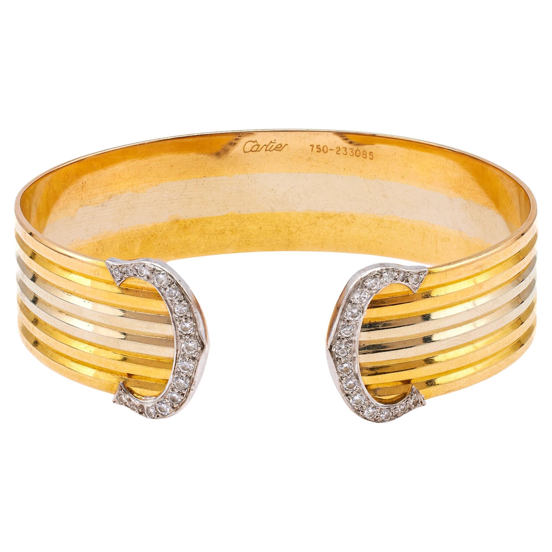 Vintage Cartier 18 Karat Tricolor Gold Diamond Double C Trinity Cuff