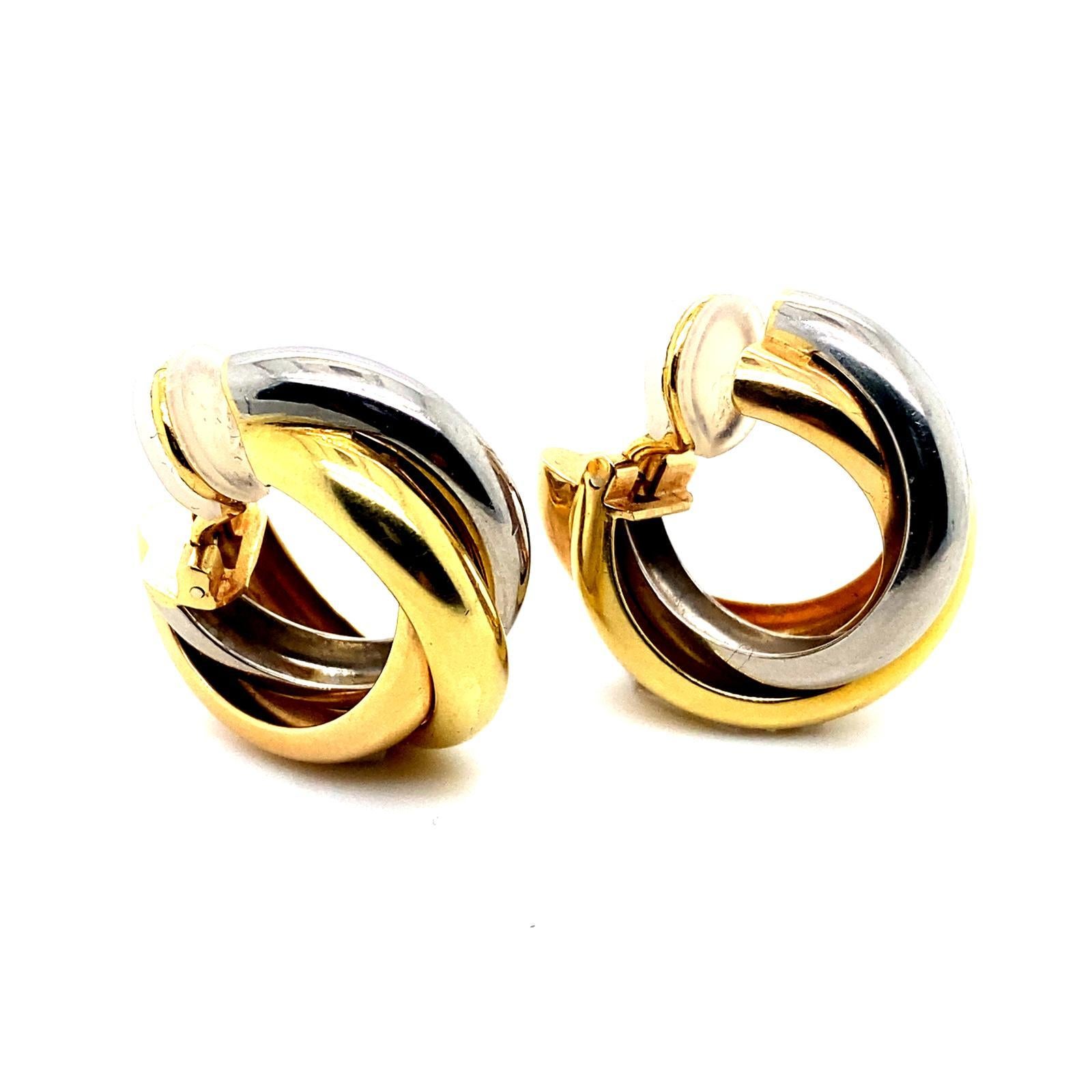 Vintage Cartier 18 Karat Gelb Weiß Rose Gold Trinity Hoop Ohrringe im Zustand „Gut“ in London, GB