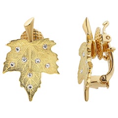 Vintage Cartier 18 Yellow Gold Leaf Designed Diamonds 0.35 One Inch Earrings