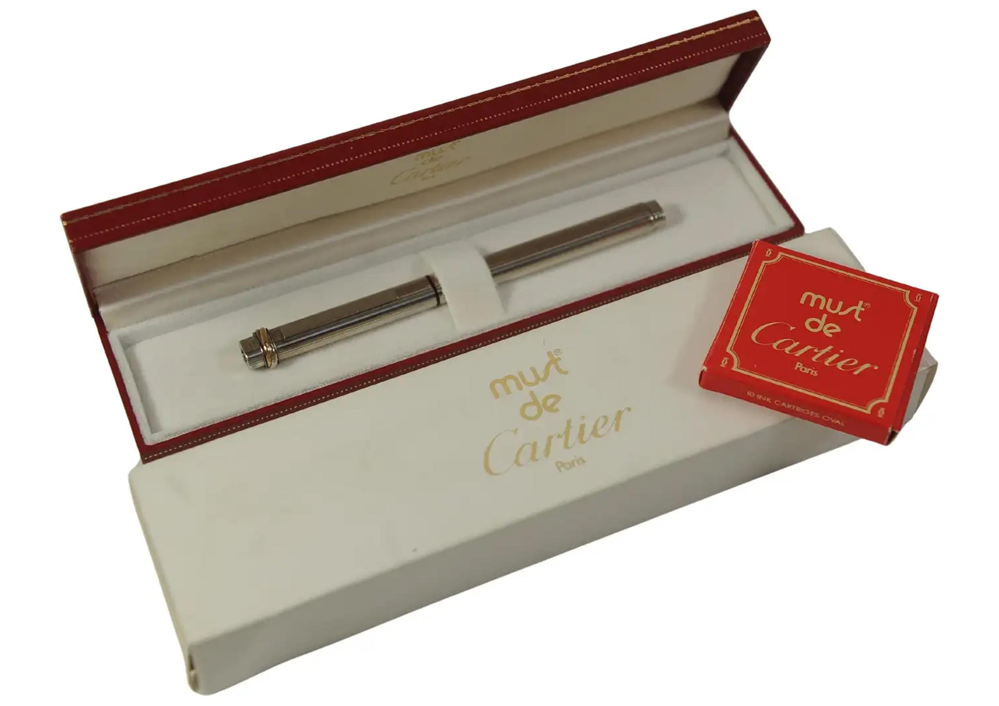 Art Déco Stilografica Cartier d'epoca con pennino placcato oro 18ct Trinity con scatola e cartucce in vendita