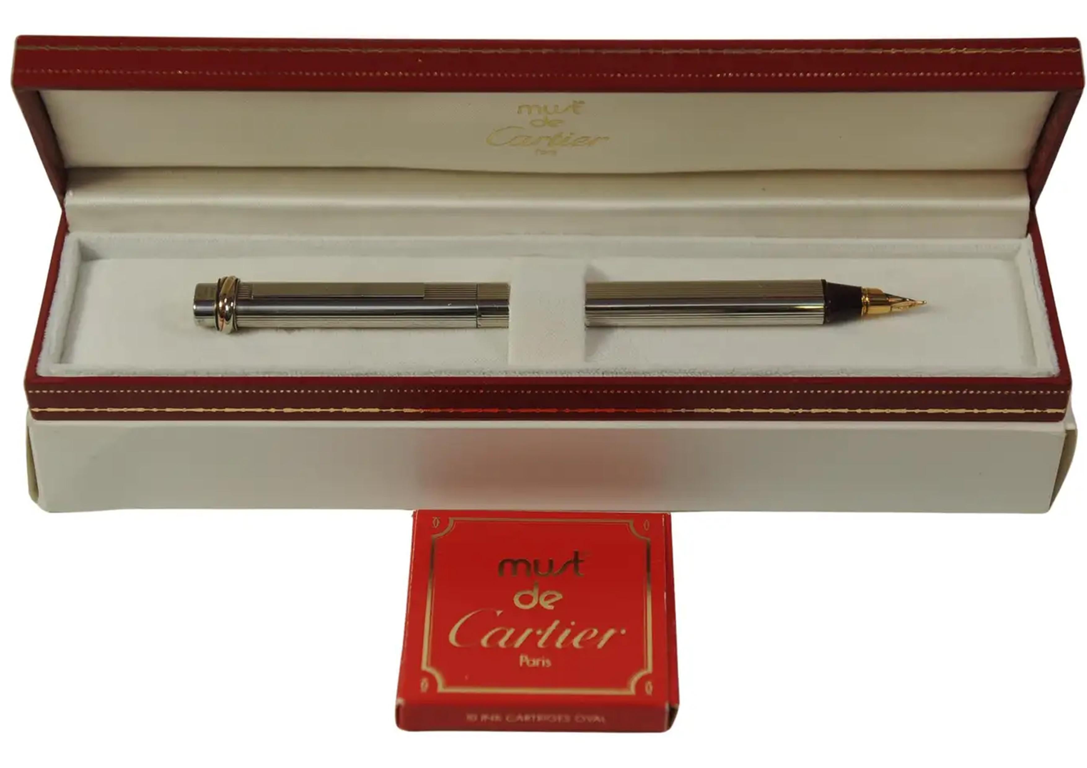 Placcato oro Stilografica Cartier d'epoca con pennino placcato oro 18ct Trinity con scatola e cartucce in vendita