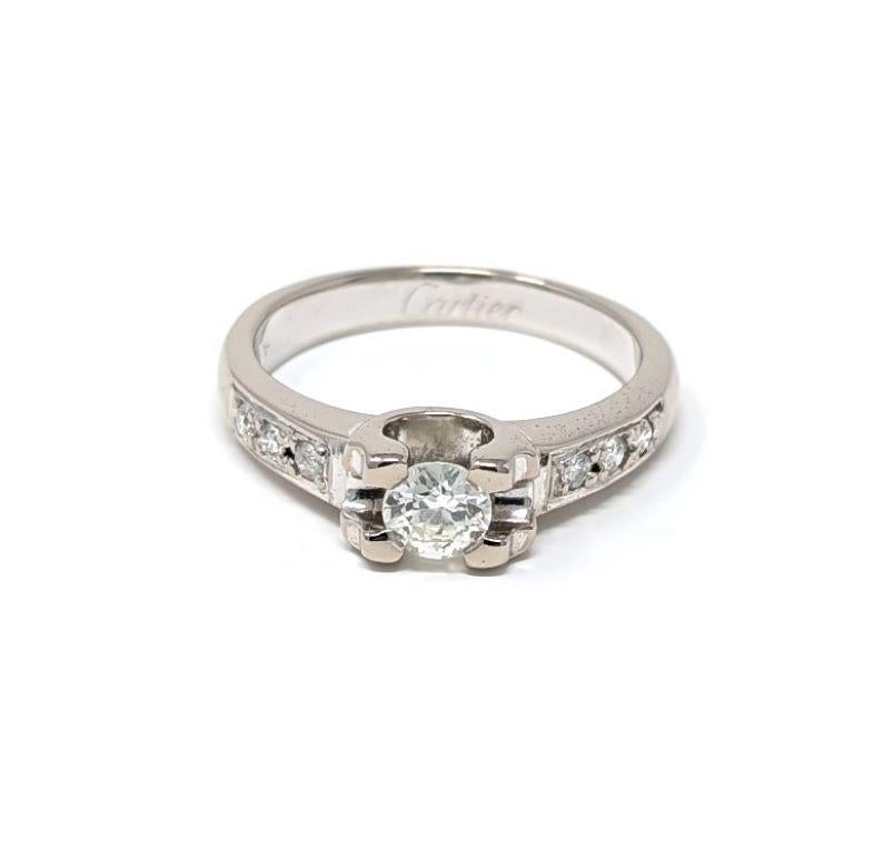 Vintage Cartier 18k Diamond Ring Engagement Solid White Gold Signed US Size 6 In Good Condition For Sale In Greer, SC