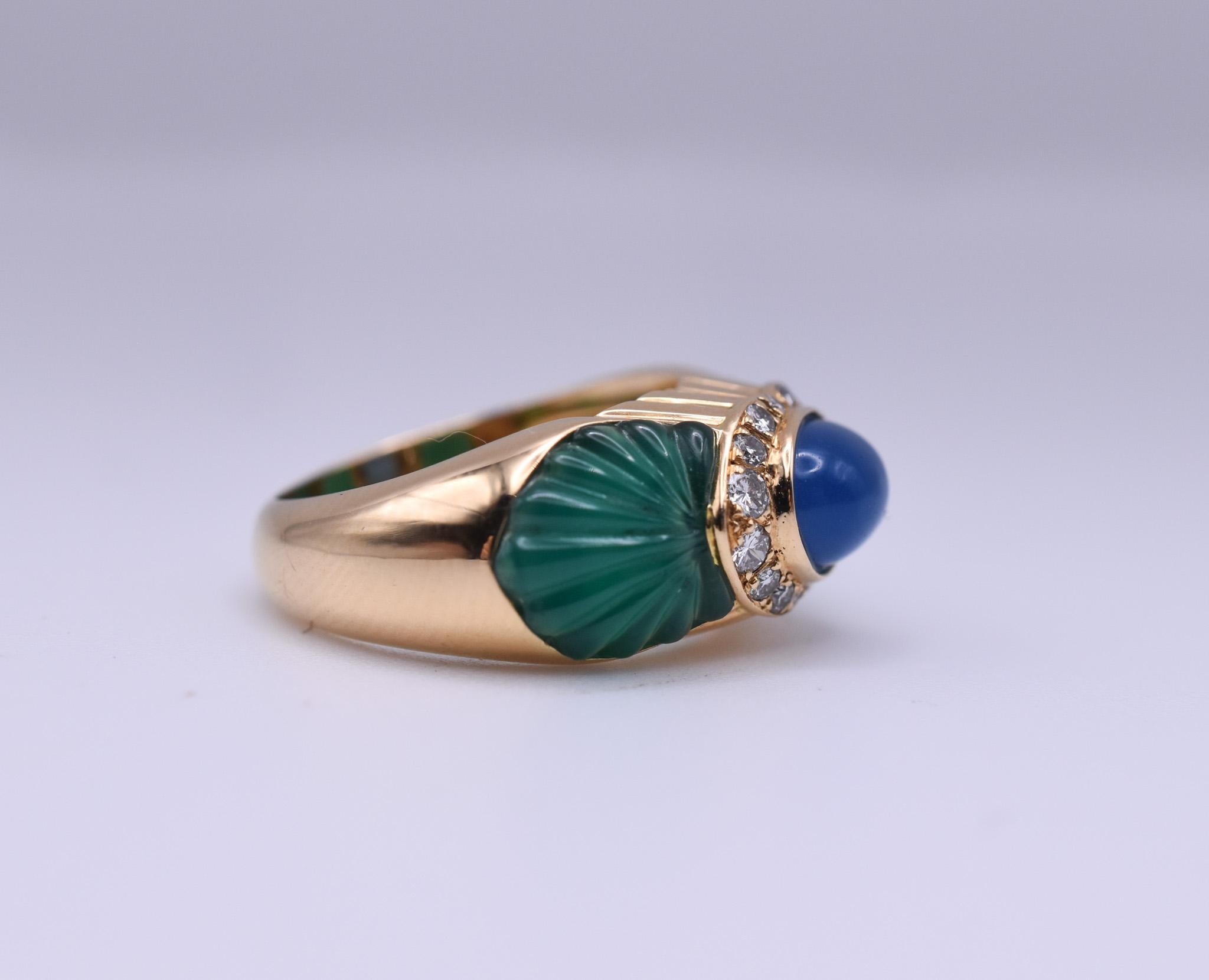 Cabochon Vintage Cartier 18k Gold Sapphire, Chrysoprase and Diamond Ring, c. 1980 For Sale