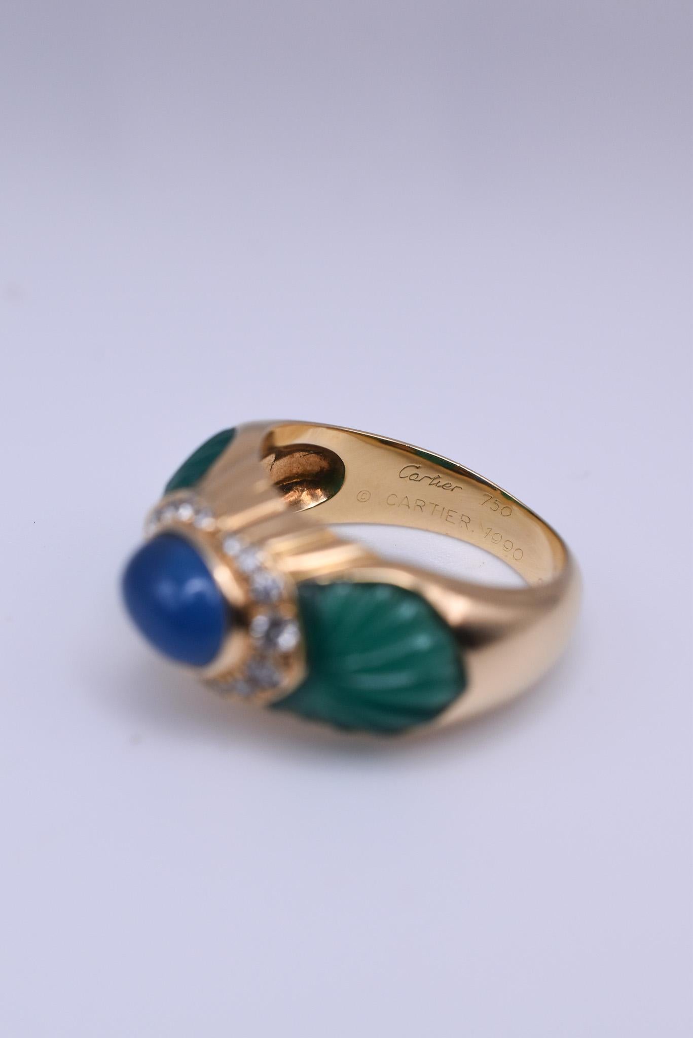 Women's or Men's Vintage Cartier 18k Gold Sapphire, Chrysoprase and Diamond Ring, c. 1980 For Sale