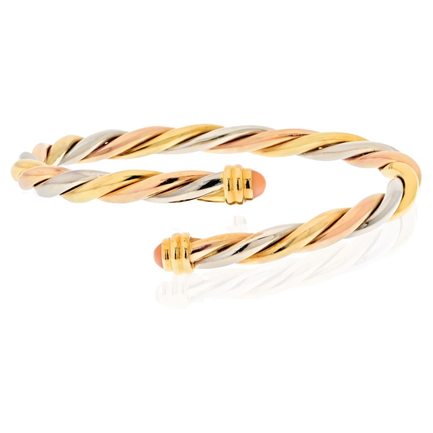 Vintage Cartier 18k Gold Tri Color Twisted by Pass Bangle Bracelet For Sale